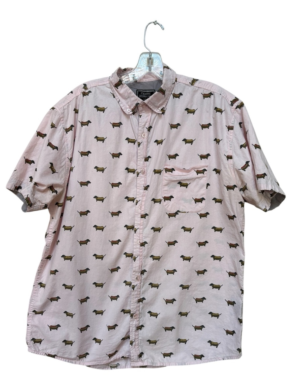Creative Destruction Pink Dachshund Print Button Up Shirt Mens L 100% Cotton